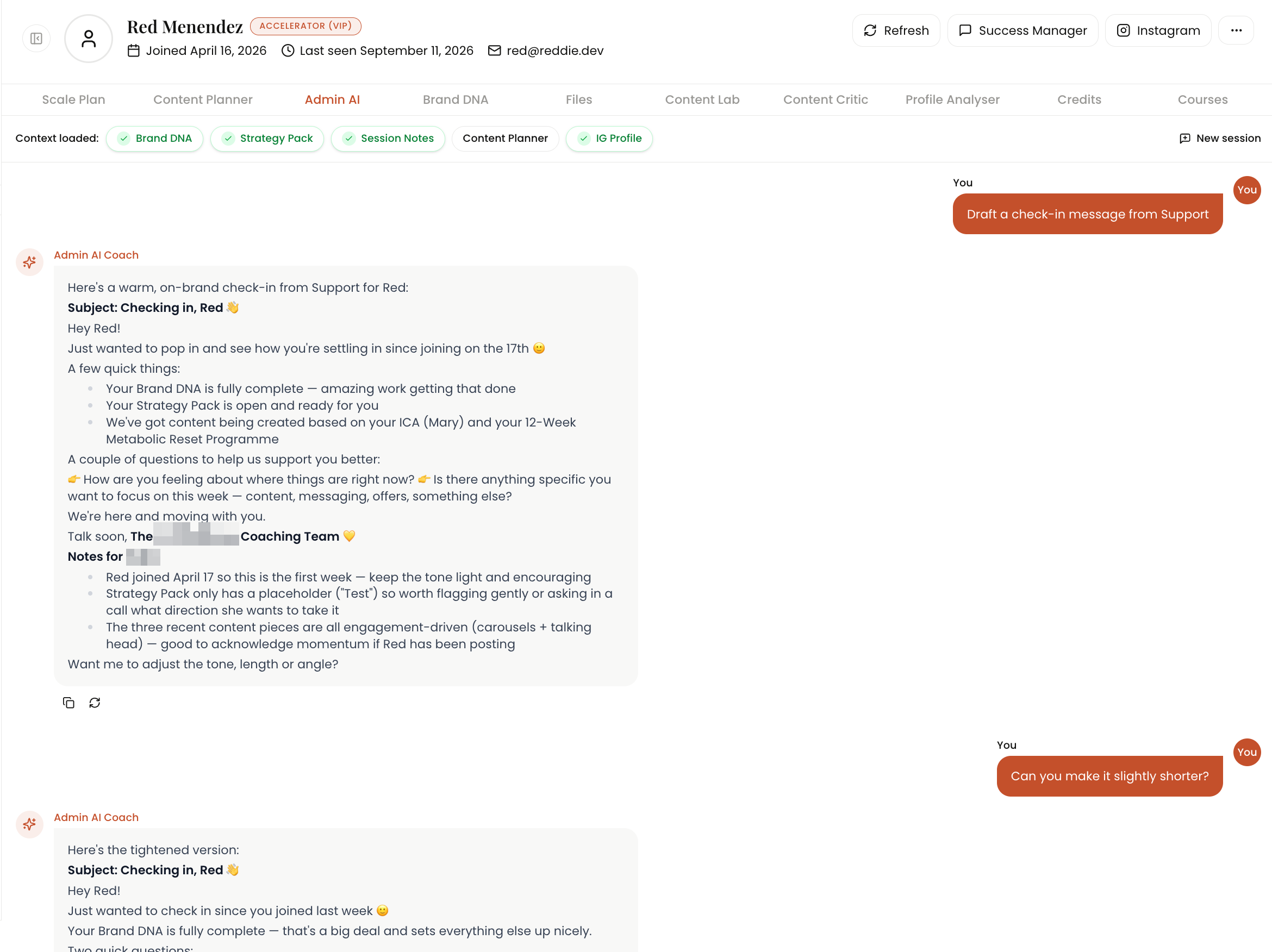 The admin-only AI assistant streaming a reply